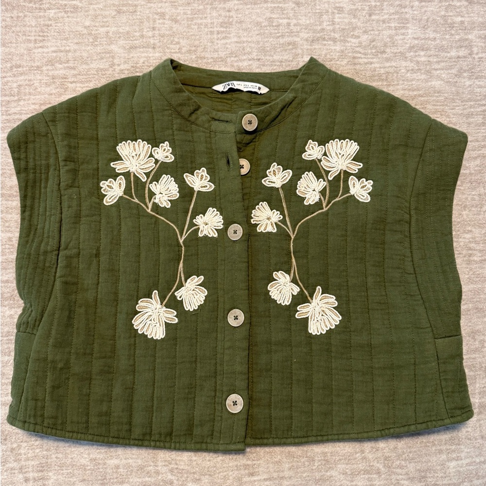 Zara Green Quilted Vest with White Floral Embroidery